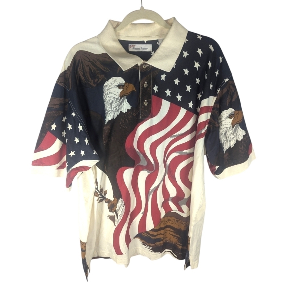 Vintage American Summer Men's Bald Eagle American Flag button up polo shirt XL